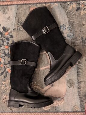 Kids Black Suede & Leather Buckle Boots - Size 1